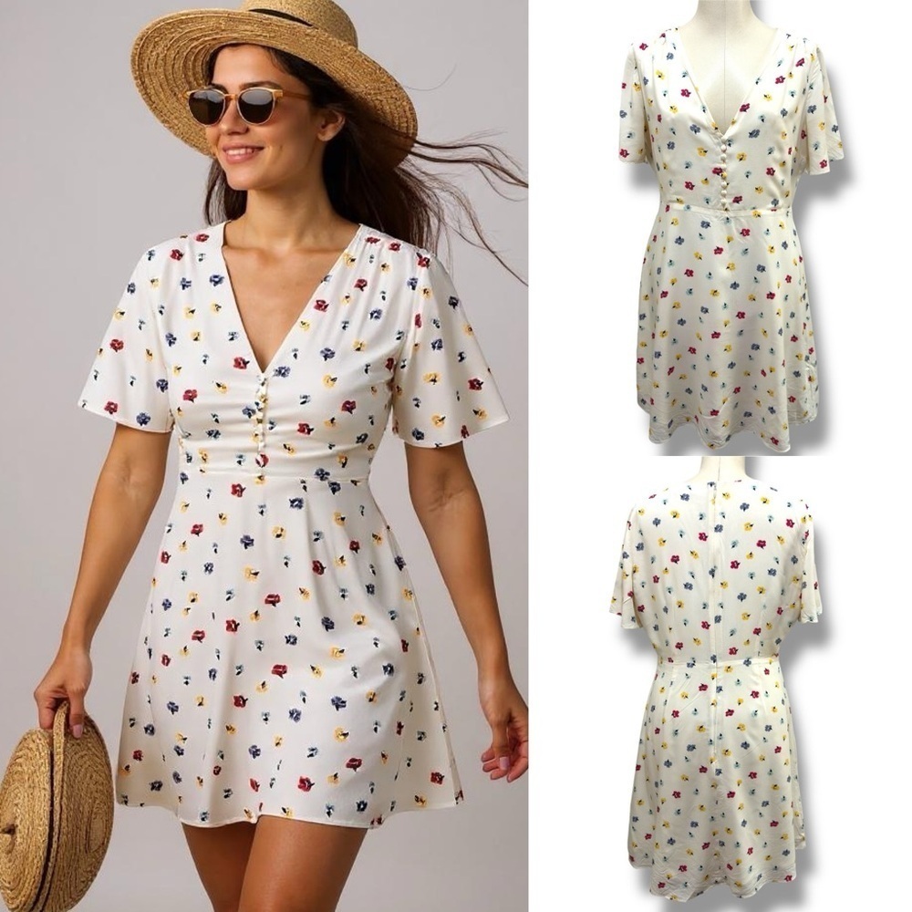 197 Madewell | EUC Ivory Floral Cap‑Sleeve Button‑Front Midi Dress (Size 2)